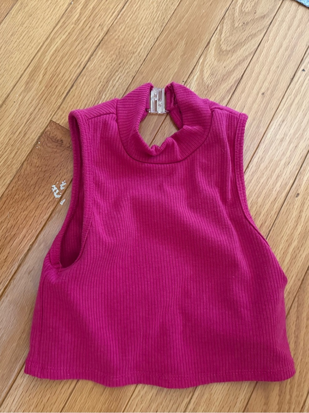 Girls Ribbed Sleeveless Mock Neck Crop Top - Hot Pink